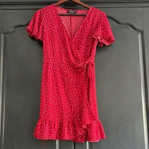 Elegant Red Polka Dot Wrap Mini Dress